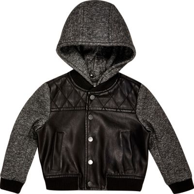 Mini boys black hooded bomber jacket